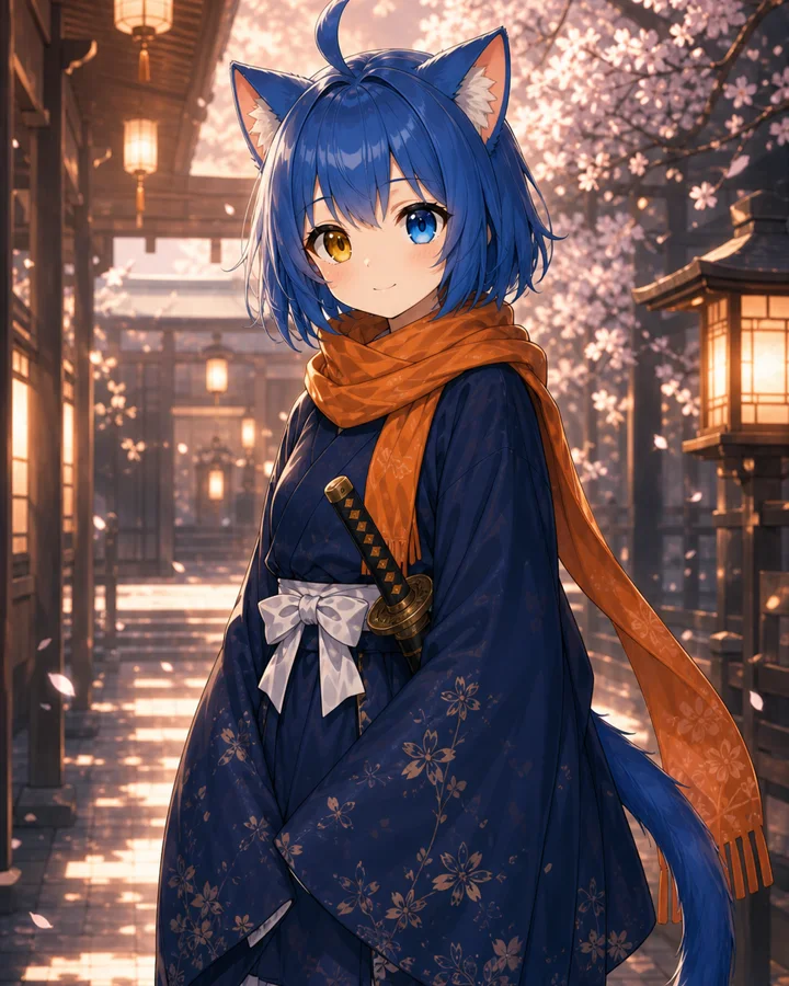 夜桜の参道で微笑む久遠。深い青の短髪、金と青のオッドアイ、紺の着物風ドレスと橙のマフラー