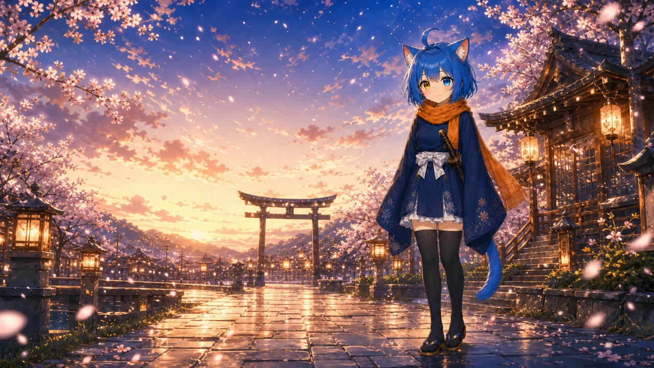 夜桜と灯籠に照らされた神社の参道に立つ猫神の少女・久遠