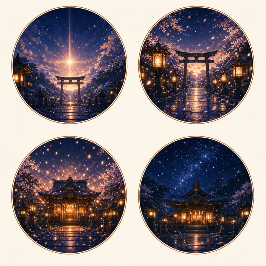 久遠が生まれ、神社を見守るようになるまでを表した4つの円形イラスト