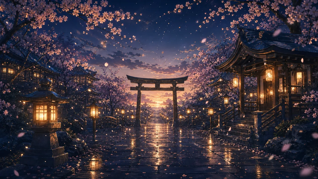 夜桜と灯籠に囲まれ、鳥居へ続く神社の参道
