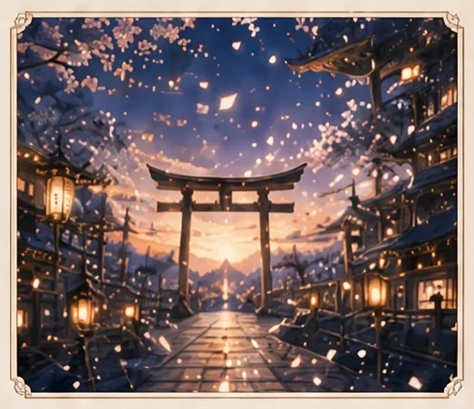 夜桜と灯りに包まれた神社の鳥居