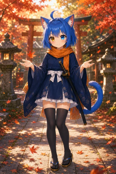 紅葉の参道で舞い落ちる葉を受けとめる久遠