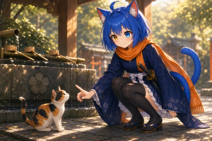 手水舎のそばで子猫と戯れる久遠
